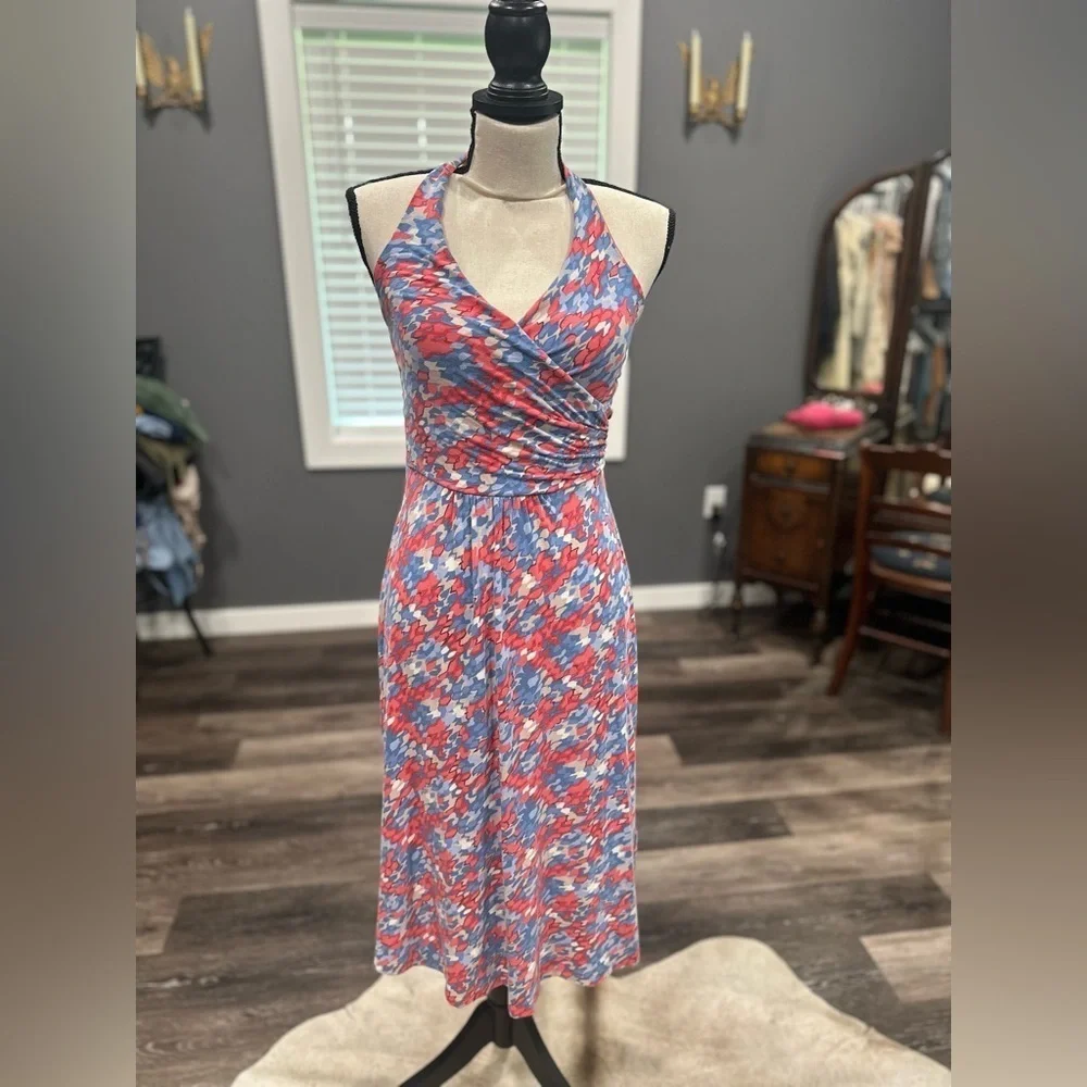 Boden St. Lucia Faux Wrap Tie Halter Dress 6 Long Art Deco Print Red Blue White